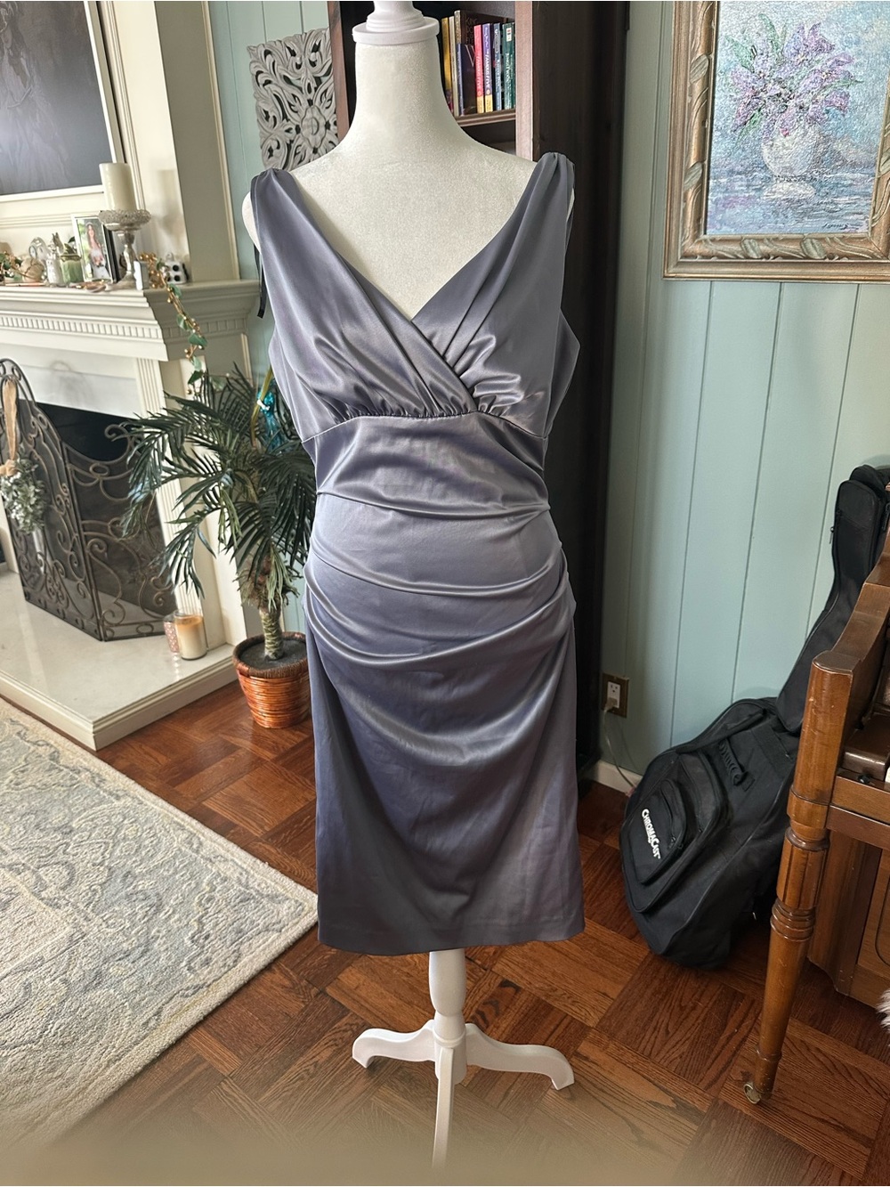 Suzi Chin Satin V-Neck Ruched Midi Dress in Gray